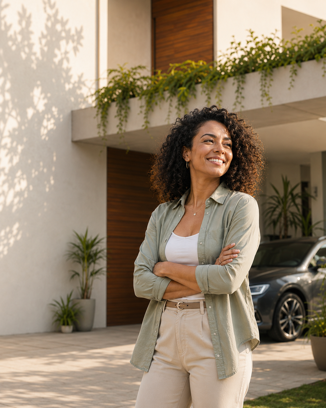 Mulher sorridente em frente à sua casa com carro na garagem
