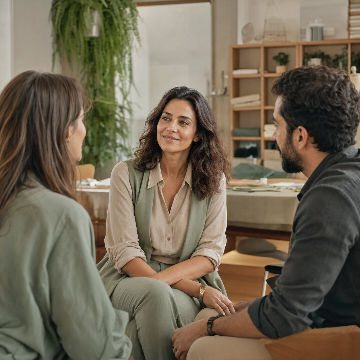 Profissionais conversam em um ambiente acolhedor sobre escolhas adequadas às suas necessidades.
